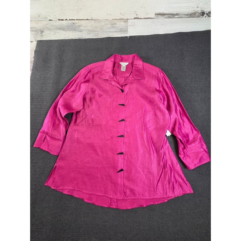 Multiples Button Up Shirt Womens L Magenta Pink Toggle Back‎ Detail NWT